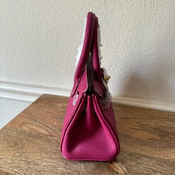 Fuchsia Pink Mini 20 Leather Top Handle Bag Structured Satchel w/ Gold HW B13 - Picture 7 of 10